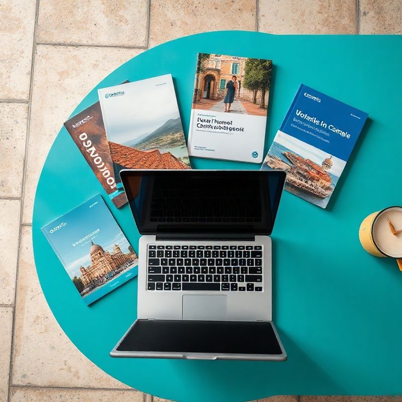 Materijali programa i laptop na teal-modernom radnom stolu
